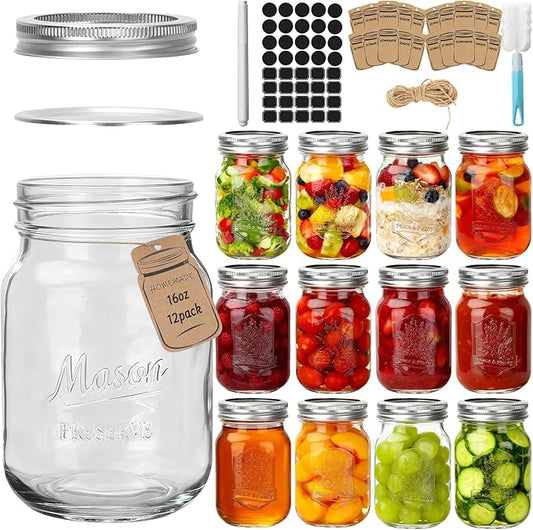 CycleMore 16oz Mason Jars, 12 Pack Canning Jars with Metal Airtight Lids and Bands, Embossed Pint Glass Jars Ideal for Canning, Pickling, Meal Prep, Jam, Honey, DIY Shower/Wedding Favors