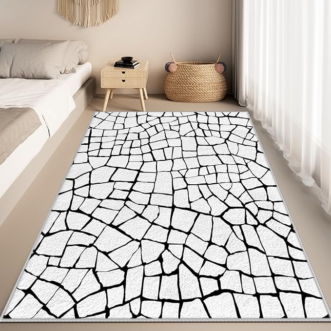 Black and White Area Rug, Abstract Rug, Contemporary Minimalist Rugs, Geometric Cracks Area Rugs, Modern Geometric Carpet for Living Room, Washable Non Slip Home Decor Mat 7x9