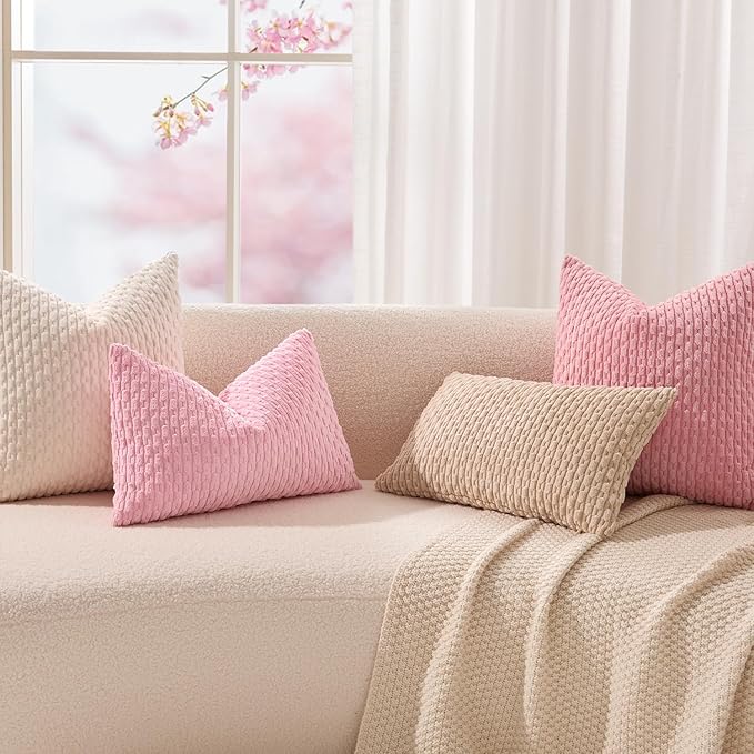Kevin Textile Valentines Day Decorative Pillow Covers Set of 2 Striped Plush Corduroy Pillows Pillowcases Boho Home Decor Cushion Covers for Couch Sofa Bed Living Room 24x24 Inch, Dark Pink