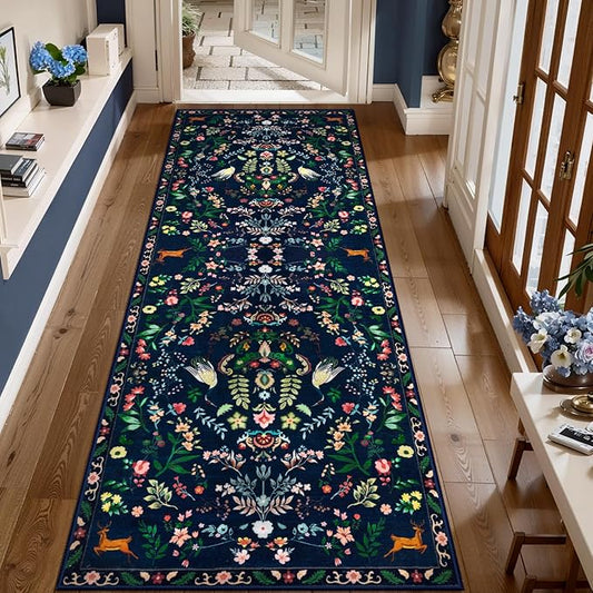 Tangsoo Runner Rug for Hallways Kitchen Rug, Non Slip 2x6 Washable Boho Nature Floral Animal Rug Runner for Entryway, Low Pile Carpet Door Mat Indoor Entrance for Kids Room Bedroom Laundry Office