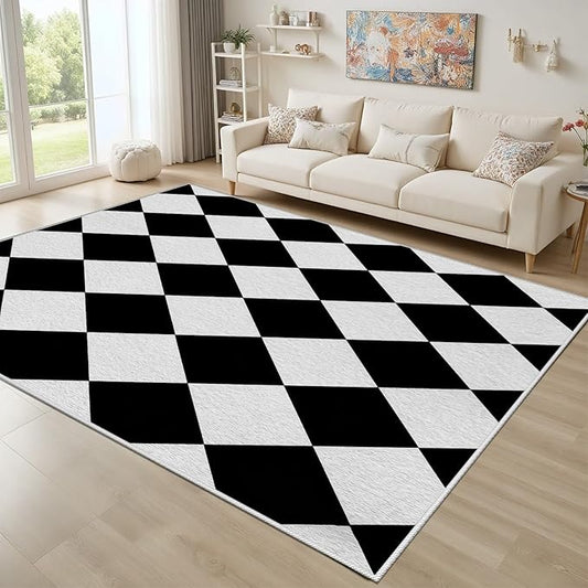 Checkered Rug, Black White Rug, Washable Rugs 5x7, Geometric Rhombus Plaid Area Rugs, Grid Gingham Carpet for Living Room Non Slip Home Decor