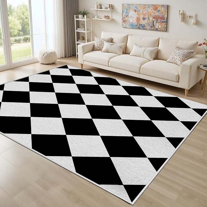 Checkered Rug, Black White Rug, Washable Rugs 4x6, Geometric Rhombus Plaid Area Rugs, Grid Gingham Carpet for Living Room Non Slip Home Decor