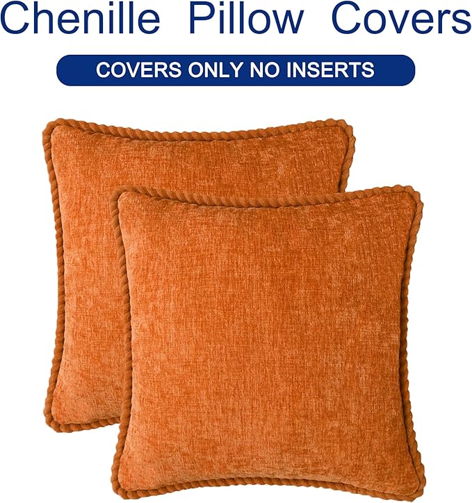 CaliTime Fall Decorative Couch Throw Pillow Covers 18 X 18 Inches Pack of 2 Cozy Chenille Piping Edge Cushion Cases for Sofa Bed Living Room Home Burnt Orange