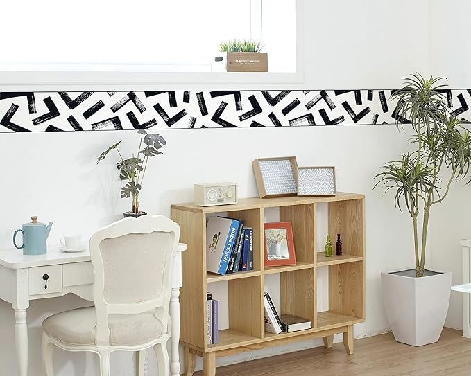 FLFK Black and White Design Wallpaper Border - Peel and Stick Wall Paper, Self Adhesive Removable PVC Borders Sticker, Modern Waterproof Trim for Home Decor, 6" x 240"