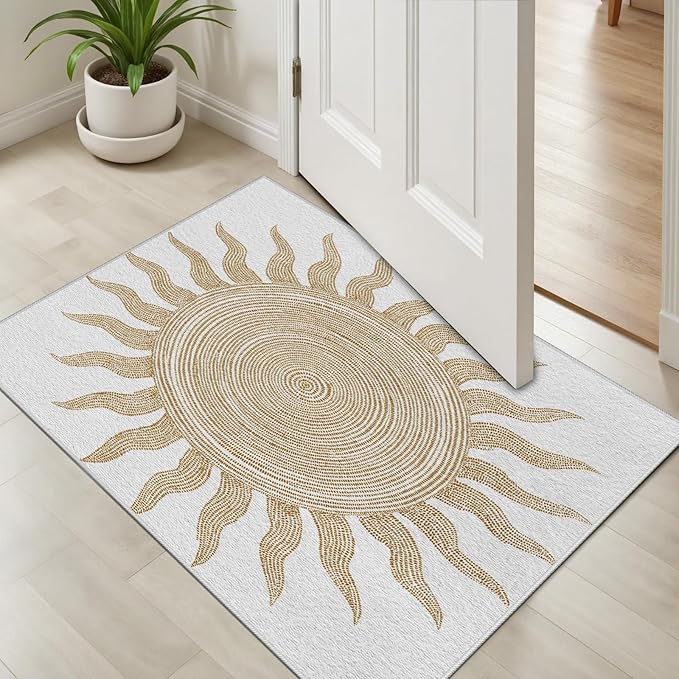 Boho Washable Rugs for Bedroom 6x8, Modern Sun Print Soft Minimalism Area Rug, Non Slip Low Pile Abstract Carpet for Classroom Living Room Decor Dining Room Sofa Kids Nursery Room, Beige Yellow