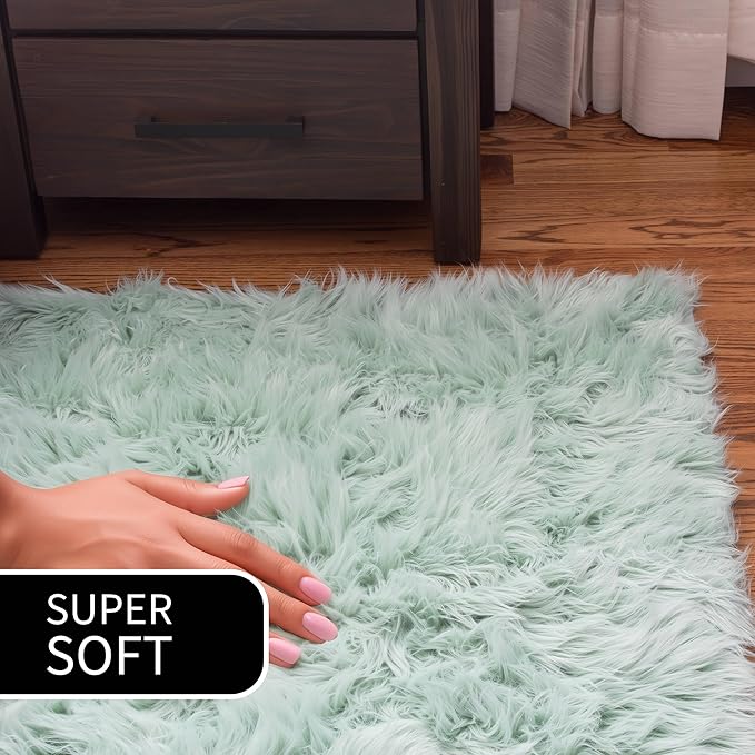 6 x 9 ft Fluffy Mint Green Rug – Large Faux Fur Area Rug for Bedroom, Living Room, or Dining Room – Plush Faux Sheepskin Accent