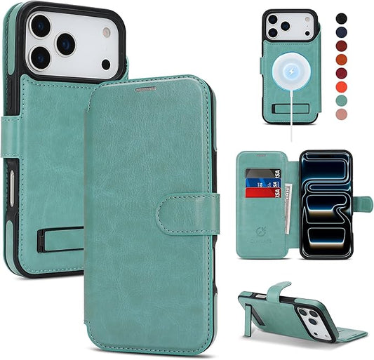 CIVICASE for iPhone 17 Pro Max Wallet Case with Stand,PU Leather Flip Credit Card Holder Slots (RFID Blocking),Compatible with Magsafe Magnetic Holder Phone Cover Women Men,Green