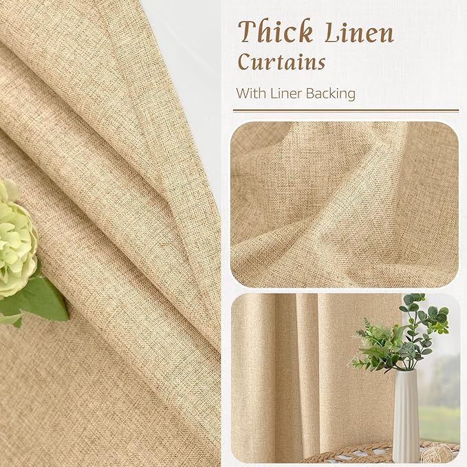 LAMIT Natural 100% Blackout Linen Curtains, 63 Inches Linen Textured Thermal Bedroom Curtains Back Tab and Rod Pocket Burlap Panels with White Liner for Farmhouse, 2 Panels, 52 x 63 Inch, Burlap