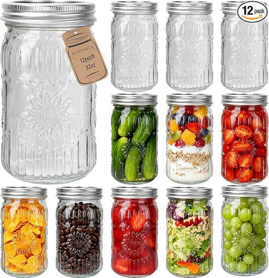 CycleMore Wide Mouth Mason Jars 32oz, 12Pack Glass Canning Jars with Metal Airtight Lids and Bands, 1Quart Large Food Canister forJam Making, Pantry Organization & Party Decor