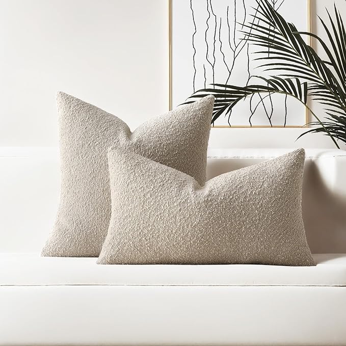 HAUSSY Set of 2 12x20 Decorative Throw Pillow Covers, Soft Cozy Textured Boucle Lumbar Pillow Cases, Home Decor for Couch Bed Living Room, Oatmeal