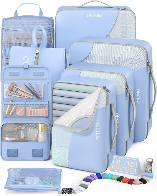 8 Set Packing Cubes for Travel, Anti-Tearing Suitcase Organizer for Luggage with Shoe & Hook Toiletry Bag,Gifts for Women Mom,OlarHike Vacation Essentials & Accessories for Cruise Ship,Starlight Bluen