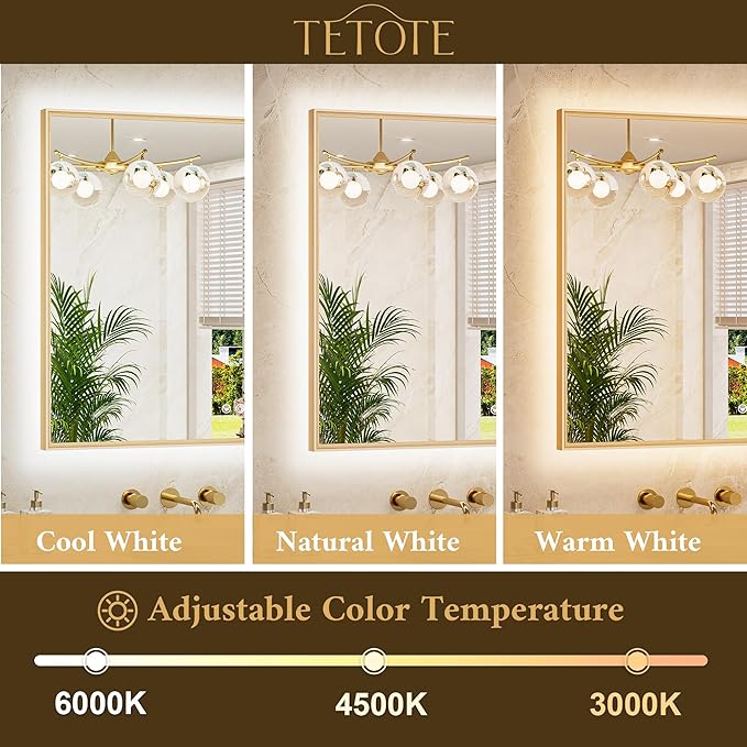 TETOTE 24 x 32 Backlit Bathroom Mirror Brushed Gold Metal Frame LED Light Vanity 3-Color White/Warm/Natural Stepless Dimmable Anti-Fog Backlight Mirror Wall-Mounted