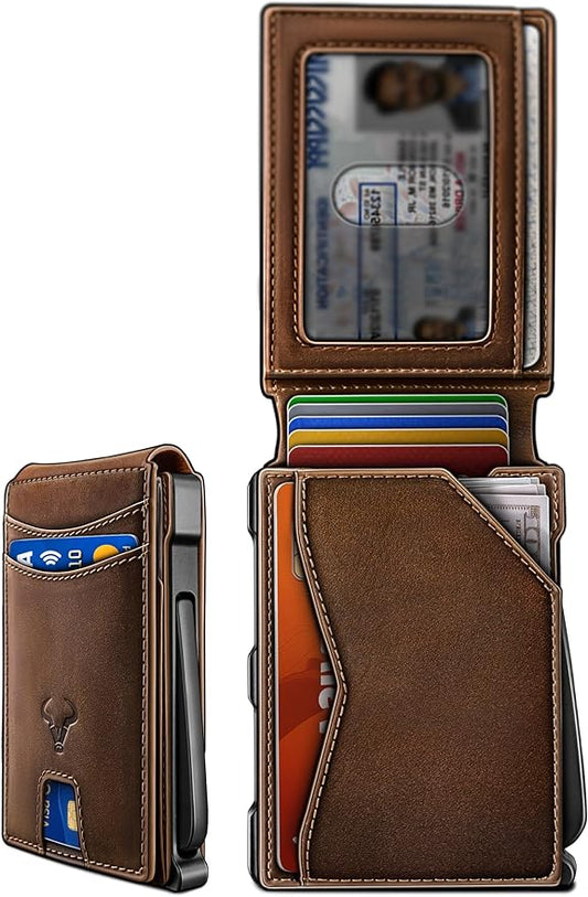 BULLIANT Men Wallet, Metal Wallet Money Clip Magnetic Flip Top Grain Leather 13 Cards Pop-up Access Simplifed Bill Folder