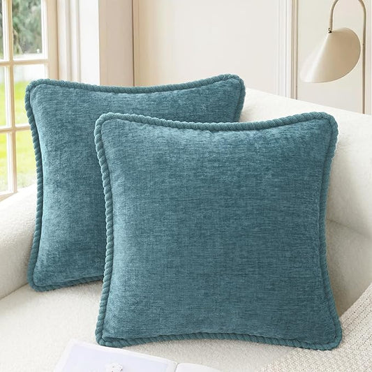 CaliTime Decorative Couch Throw Pillow Covers 16 X 16 Inches Pack of 2 Cozy Chenille Piping Edge Cushion Cases for Sofa Bed Living Room Home Smoke Blue