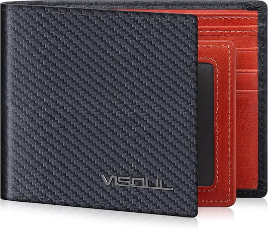 VISOUL Mens Bifold Wallet with 2 ID Windows Carbon Fiber Leather, RFID Blocking Secure Designer Billfold Wallets for Men with Two Cash Compartments (Black+Orange Red)