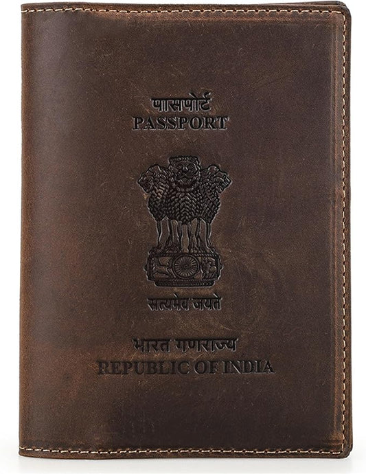 Top Grain Leather Single Travel Passport Wallet Embossing Badge for Unisex, Folio Design for Passport & Multi Cards, RFID Blocking for Passport/Cards/Checks/Bills/AirTag, Coffee Default, IN