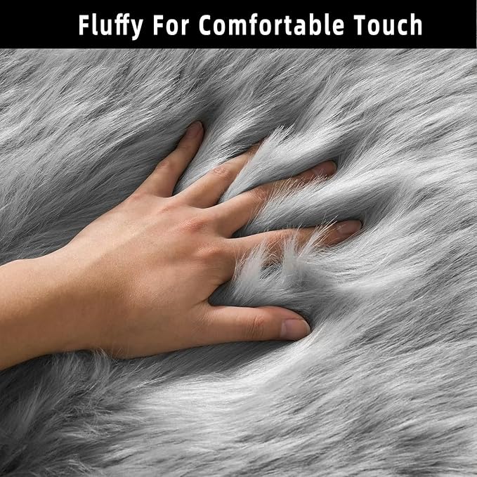 Grey Samll Faux Fur Sheepskin Area Rug for Living Room Bedroom, 2 x 3 Feet Ultra Soft Shaggy Fuzzy Furry Carpet Chair Throw Rugs for Kids, Girls, Nursery Room Decor Dorms
