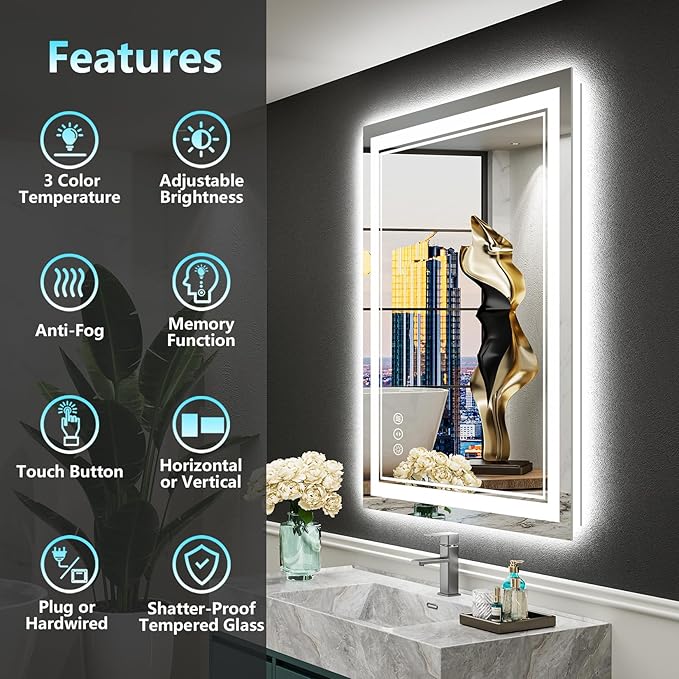 20x28 LED Bathroom Mirror with Lights, Backlit and Front Lit, Anti-Fog Lighted Vanity Mirrors for Bathroom Wall, Dimmable, 3-Color Light, Memory, Shatter-Proof, HD Tempered Glass, CRI＞90