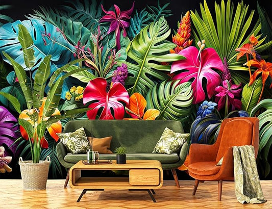 Tropical Botanical Leaf Wallpaper Colorful Jungle Palm Leaves Wall Mural for Living Room Bedroom（Not Peel and Stick）