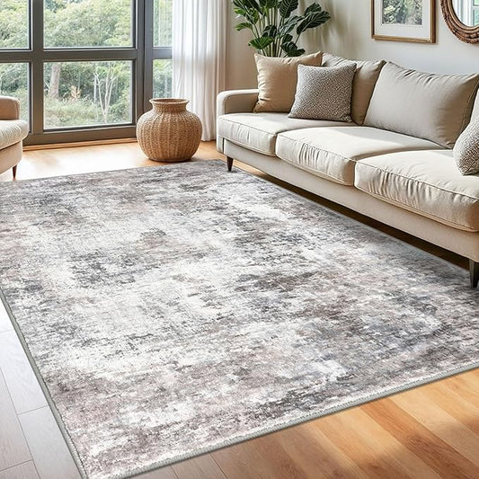 Modern Abstract 6x9 Living Room Washable Rug Non-Slip Soft Bedroom Area Rug Beige Grey Neutral Thin Print Faux Wool Floor Carpet Throw Rugs for Nursery Playroom Dining Room Indoor Office