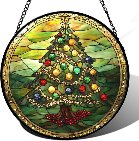 Stained Glass Window Hanging - Green Christmas Tree Gold Ribbon Suncatcher for Doors Home Christmas Decoration Sun Catcher Thanksgiving New Year Birthday Gifts for Women Men Mom Nana 15 in