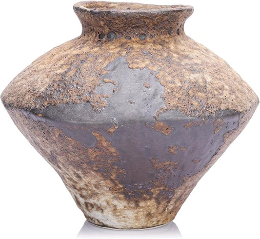 Small Stone Vase for Rustic Home Decor, Farmhouse Antique Pottery Vase Furniture&Table Flower Decorative, Round Terracotta Vases for Living Room Decor, Modern Rustic Concrete Clay Art Vases