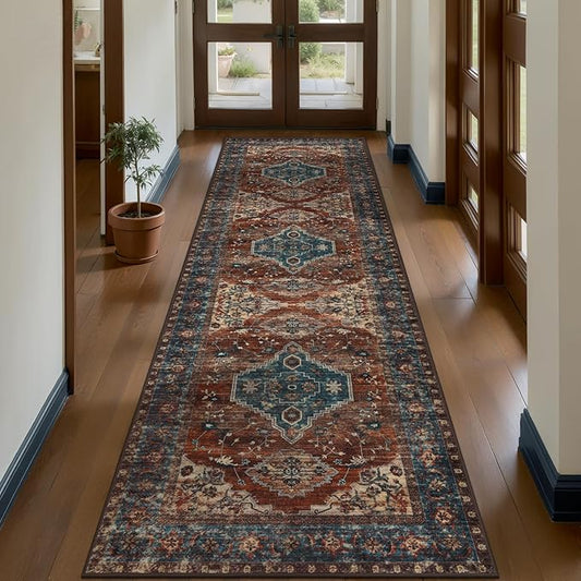 Tangsoo 2.6x10 Washable Hallway Runner Rug, Non Slip Vintage Runner Rug for Hallways, Soft Low Pile Long Rug Runner, Print Distressed Carpet Runners for Kitchen Bedroom Entryway Living Room