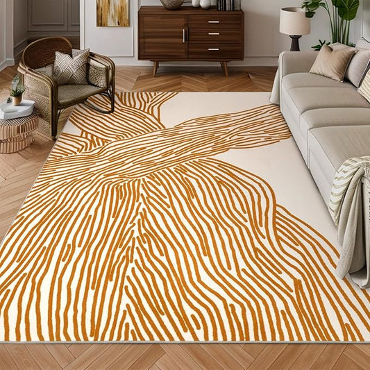 YIHOUSE Orange Rug for Living Room, 8×10 Modern Abstract Area Rug, Geometric Contemporary Wave Striped Rugs for Playroom Nursery, Washable Nonslip Large Rug for Bedroom Dining Room