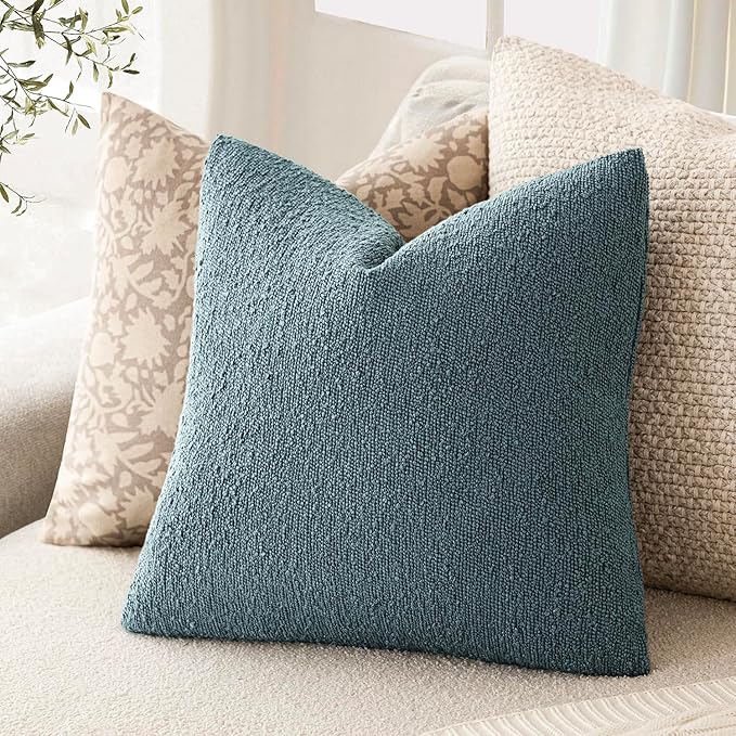 Foindtower Decorative Textured Boucle Throw Pillow Covers Accent Solid Pillow Cases Neutral Soft Cozy Couch Cushion Case for Chair Sofa Bedroom Living Room Home Decor 18x18 Inch,1PC,Misty Blue