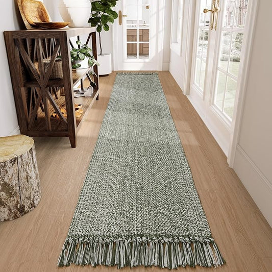 Collive Washable Boho Carpet Runners for Hallway 2.6x12ft, Farmhouse Long Rugs for Kitchen Cotton Hand Woven Bedroom Runner Rug Olive Green/Cream Low Pile Natural Floor Carpet for Indoor Hall Entryway