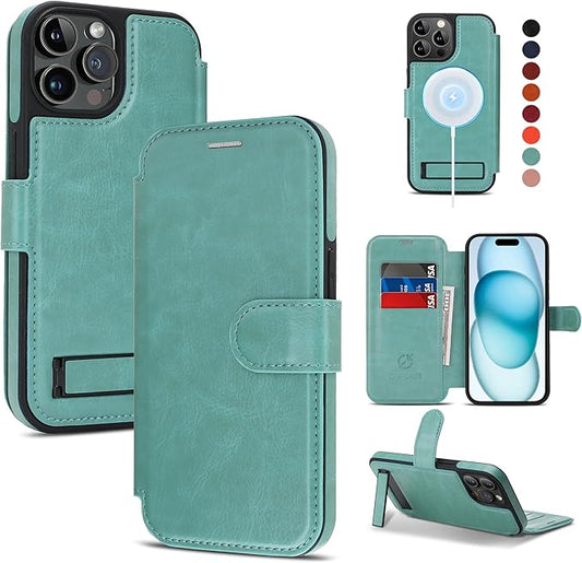 CIVICASE for iPhone 14 Pro Wallet Case with Stand,PU Leather Flip Credit Card Holder Slots (RFID Blocking),Compatible with Magsafe Magnetic Holder Phone Cover Women Men,Green