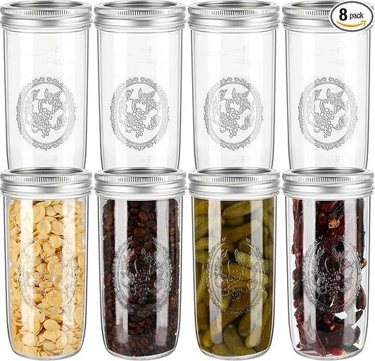 Mason Jars Wide Mouth 24oz - 8 pack Glass Pickle Canning Jars Food Storage With Airtight Mason Jar lids and Bands for Canning, Preserving, Fermenting, Pickling, DIY Projects