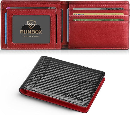 RUNBOX Wallet for Men Slim Leather Bifold RFID Blocking Minimalist Front Pocket Design with Gift Box