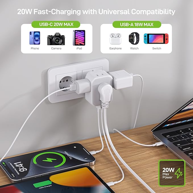 EPICKA Hybrid International Power Adapter for US to German & France, Foldable & Detachable Type EF VisaPlug, 8-in-1 Travel Plug Adapter with 4 USB Ports (2 USB-C PD 20W), Travel Dormestic Essentials