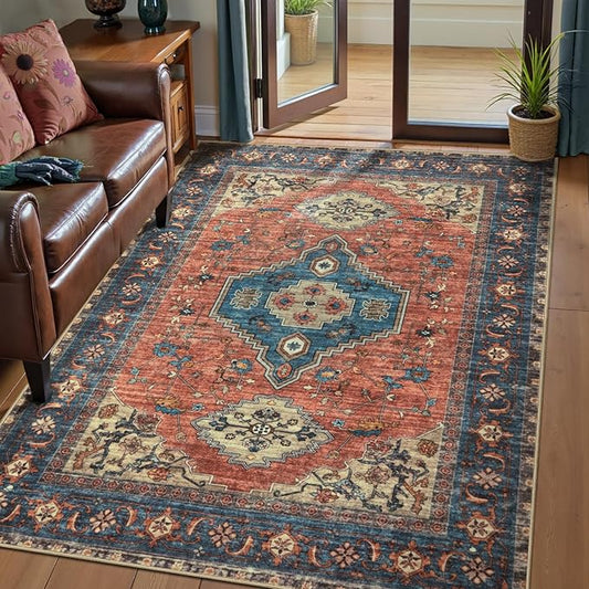 Tangsoo 3x5 Washable Rugs Oriental Area Rug, Vintage Non Slip Indoor Accent Rug, Print Distressed Terracotta Carpet, Soft Low Pile Rug for Living Room Dining Bedroom Bedside Entryway