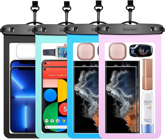 4 Pack 10.5“ Large Waterproof Phone Pouch - Underwater Clear Cell Holder - Universal Water Proof Dry Bag with Neck Lanyard for iPhone 17 Pro Max Samsung Galaxy with Heavy Case for Beach Swimming Pool