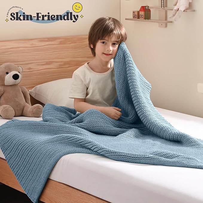 Guohaoi Knitted Weighted Blanket Kids (Haze Blue 50"x60" 10lbs) No Beads Cooling Heavy Blanket, Home Decor Breathable Chunky Knit Throw Blanket for All-Season Use