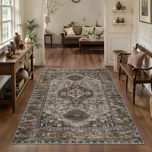 Tangsoo 3x5 Washable Rugs Oriental Area Rug, Vintage Non Slip Indoor Accent Rug, Print Distressed Grey Carpet, Soft Low Pile Rug for Living Room Dining Bedroom Bedside Entryway