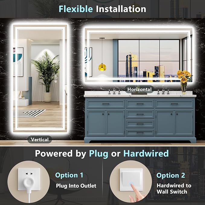 72x32 Inch LED Bathroom Mirror with Lights, Backlit & Front Lit, Anti-Fog Lighted Vanity Mirrors for Bathroom Wall, Dimmable, 3 Color Temperatures, Memory, Shatter-Proof, HD Tempered Glass