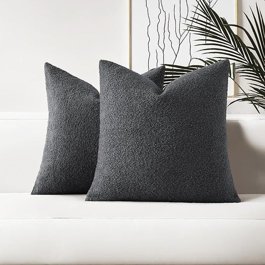 HAUSSY Set of 2 20x20 Decorative Throw Pillow Covers, Soft Cozy Textured Boucle Couch Cases, Home Decor for Couch Bed Living Room, Dark Grey
