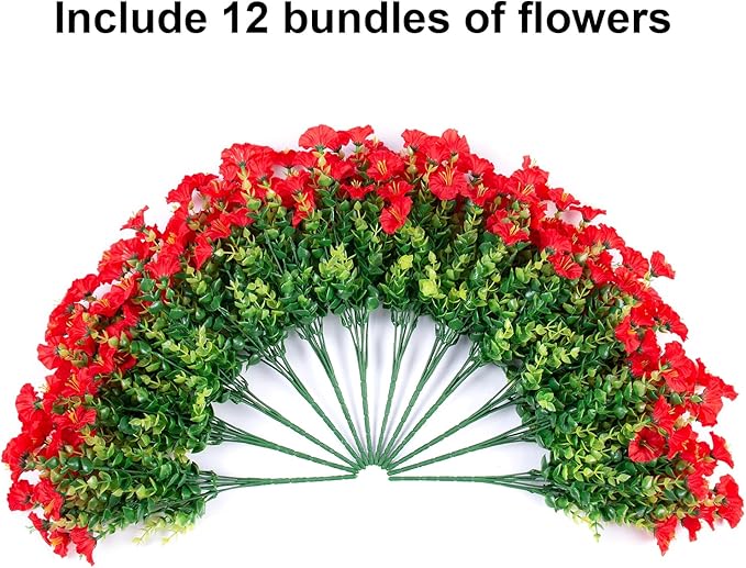 HyeFlora Artificial Flowers for Outdoors Fake Plants Outside Decoration, 12 Bundles Silk Red Morning Glory UV Resistant Look Real Faux Flowers for Planter Front Door Porch Patio Yard Gardens Balcony