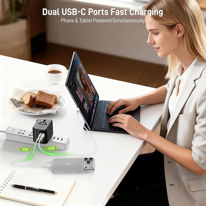 Epicka Pulse Duo 65W International Power Adapter, Universal Travel Adapter with 6-Port (2 AC/2 USB-A/2 USB-C), European Travel Plug Adapter with PD & QC 3.0 Fast Charging, Travel Essentials (Black)