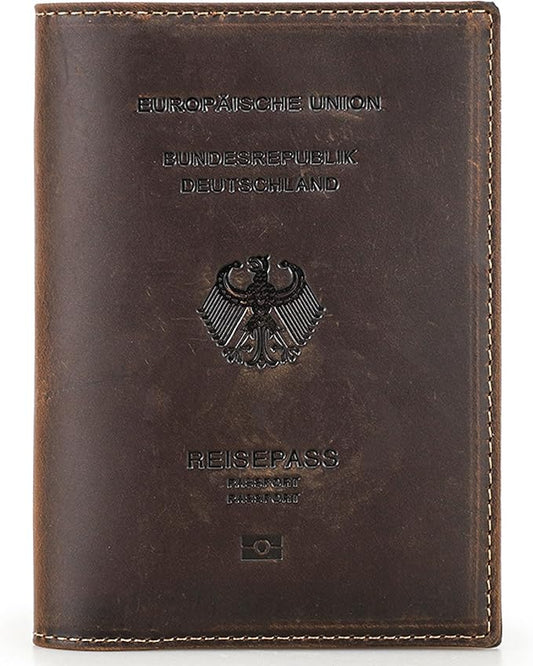 Top Grain Leather Single Travel Passport Wallet Embossing Badge for Unisex, Folio Design for Passport & Multi Cards, RFID Blocking for Passport/Cards/Checks/Bills/AirTag, Coffee Default, DE