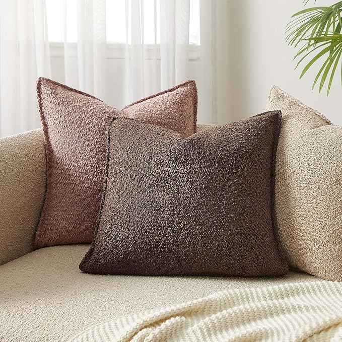 JUSPURBET Brown Decorative Pillow Covers Set of 2 Throw Pillow Covers for Couch Sofa Bed Cozy Boucle Textured Cushion Covers Cases with Hidden Zipper for Living Room Home Decor 16x16