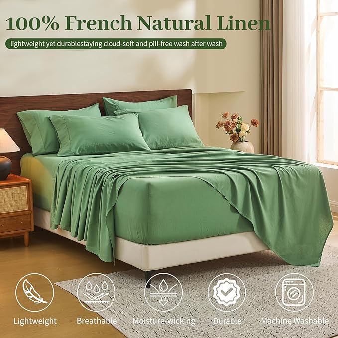 MEISHANG 100% French Pure Linen Sheets Cal King Size - 6 PC Extra Deep Pocket Sheet Set, Soft Durable Flax Linen, Anti-Tear Breathable & Oeko-Tex Certified 18-24 Deep Pocket,All Season(Sage Green)