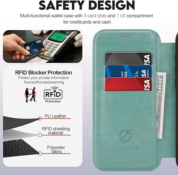 CIVICASE for iPhone 17 Pro Max Wallet Case with Stand,PU Leather Flip Credit Card Holder Slots (RFID Blocking),Compatible with Magsafe Magnetic Holder Phone Cover Women Men,Green