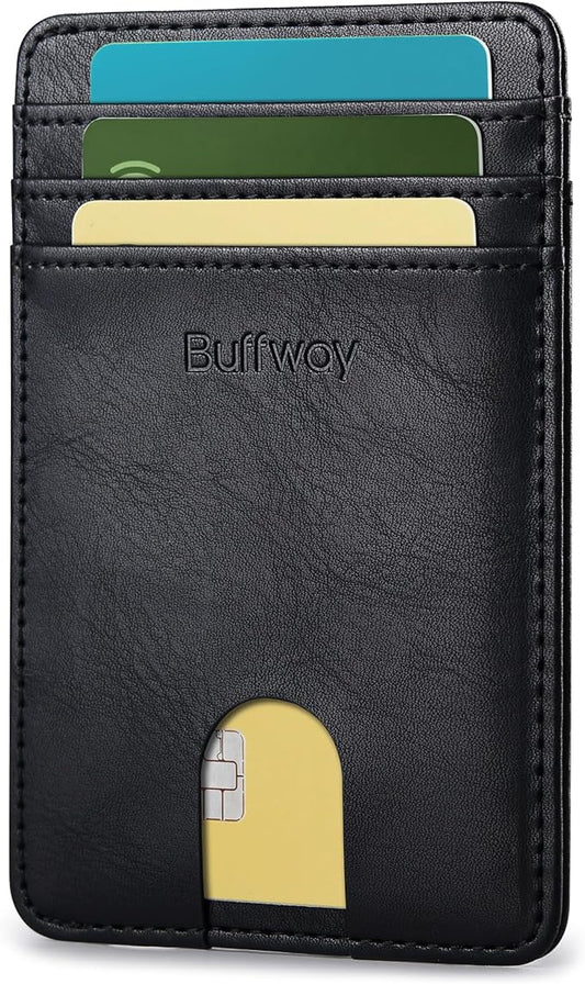 Buffway Mens Slim Wallet, Minimalist Thin Front Pocket Leather Credit Card Holder with RFID Blocking for Work Travel | Minimalist, Thin, Front Pocket, Credit Card Holder, RFID Blocking, for Work Travel