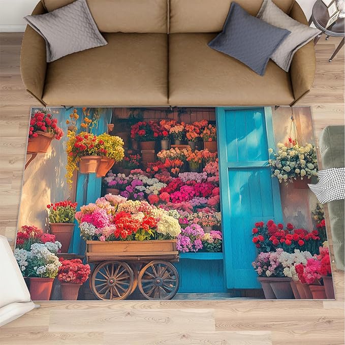 Pastoral Flowers 5x7 Area Rug Colorful Flower Shop Washable Rugs for Living Room Bedroom, Retro Wooden Door Soft Low Pile Non Slip Accent Floor Mat Print Throw Rug Indoor Carpet Dining Room Playroom