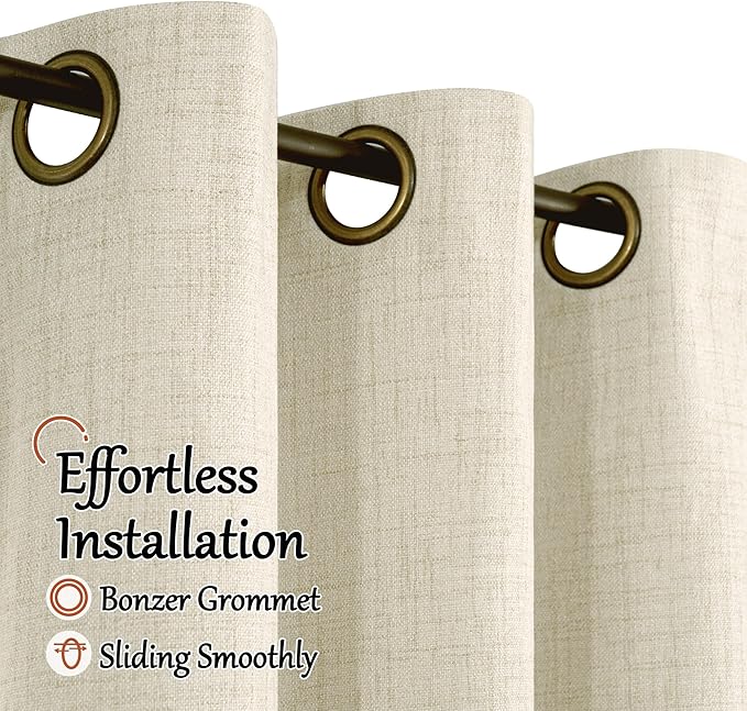 Lajode 100% Blackout Curtains 96 Inches Long for Living Room 2 Panels Set, Textured Floor Length 95 Inch Thermal Insulated Faux Linen Bronze Grommet Boho Window Drapes, Each 52" Wide, Natural