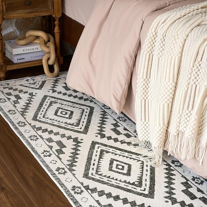 Moroccan Washable Entryway Rug 2x3, Geometric Woven Area Rug, Non-Slip Boho Accent Soft Low-Pile Front Door Mat Indoor Entrance, Small Throw Rug for Bathroom Front Porch, Olive Green/White